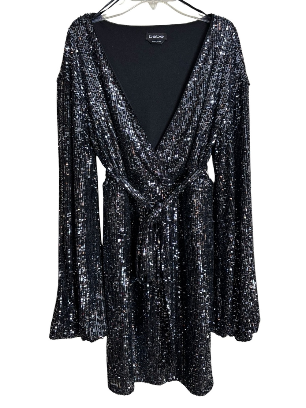 Bebe Black Long Sleeve Sequin Cocktail Dress Belted Surplice V Neck Faux Wrap